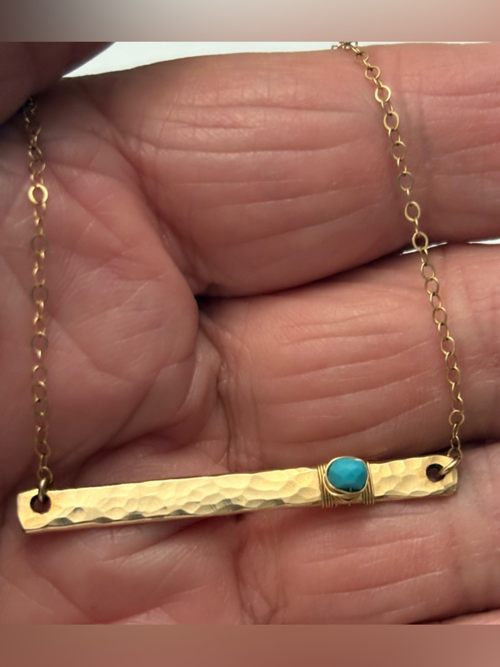Artisan hammered bar turquoise yellow gold necklace